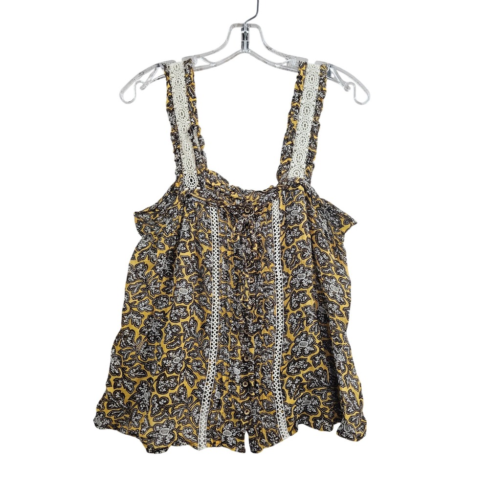 Anthropologie Top Womens 6 Yellow Floral Paisley Lace Trim Button Tie Front Boho